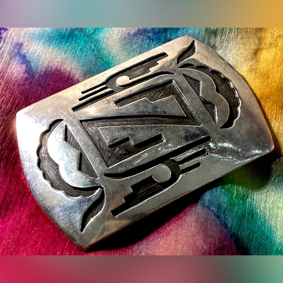 Navajo Hopi Belt Buckle .925 SOLID Sterling Silver Handmade Overlay Circa 1980\'s main image 9